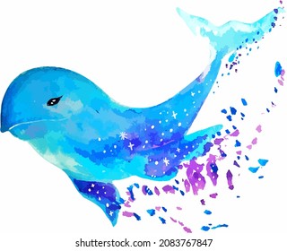 Ilustración de delfín azul acuarela aislada en fondo blanco. Arte animal submarino pintado a mano.