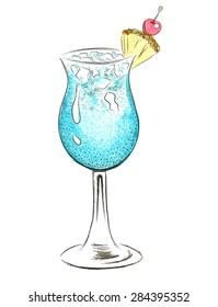 Watercolor blue doodle cocktail illustration