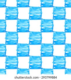 Watercolor blue doodle hand drawn paper texture square seamless pattern on white background. Wet brush painted strokes abstract vector illustration. Geometric design element for card, banner, print