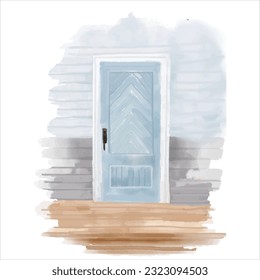 watercolor blue door with light grey wall n wooden path vector