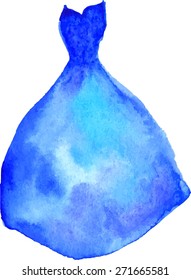 Watercolor blue dress. Watercolor fashion illustration.