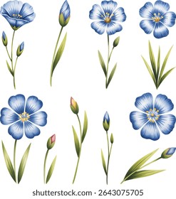 Aquarela Azul Flor de linho Ilustrações vetor. Ilustração botânica aquarela com botões e folhas no fundo branco.