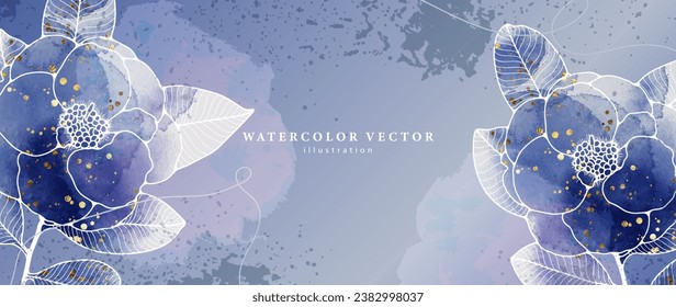 Watercolor blue floral background with flowers and leaves. Vector background with splashes and blots.