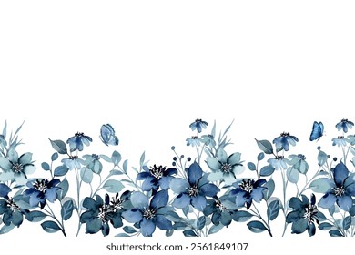 Watercolor blue floral garden frame for wedding, birthday, card, background, invitation, wallpaper, sticker, decoration etc.