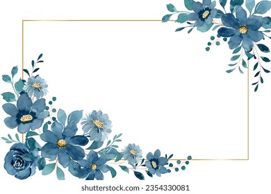 Watercolor blue floral gold frame for wedding, birthday, card, background, invitation, wallpaper, sticker, decoration etc.