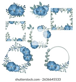Watercolor Blue Floral Wreath and Frames and Flower Compositions - Botanical Clipart for Wedding and Greeting Designs