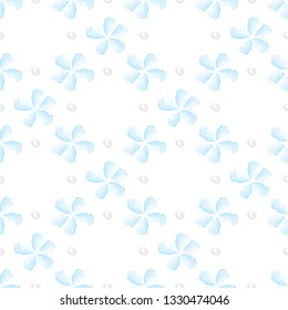 Watercolor blue flower seamless pattern. Polka dot elegant hand drawn background texture. Vector illustration