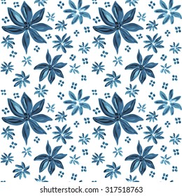 Watercolor blue flower seamless vector pattern isolated on a white background