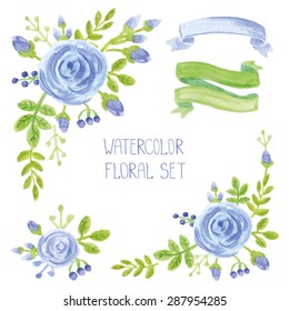 Watercolor blue flowers bouquet ,corners set. Hand painted berries,green branches ,floral,petal ,roses  decor elements,ribbons.For wedding design template,invitation.Holiday Vector