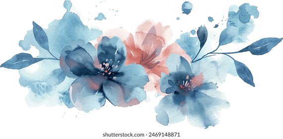 watercolor blue flowers with splashes, clipart, background, for design