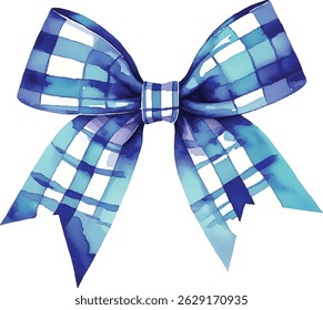 Watercolor Blue Gingham Bow – Hand-Painted Ribbon Clipart on Transparent Background
