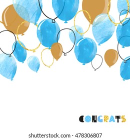 Watercolor Blue And Glittering Gold Balloon. Vector Celebration Background.