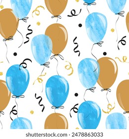 Watercolor blue and gold balloons seamless pattern. Vector celebration background