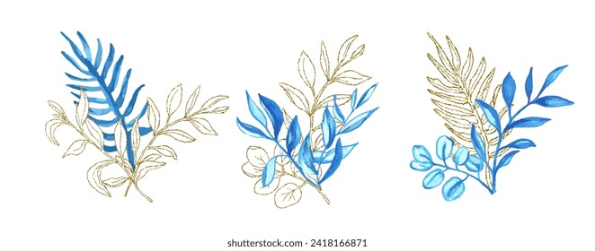 Watercolor blue and golden leaves bouquet set for card or invitations of weeding design. Vector hand drawn illustration.