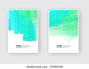 Watercolor blue green color design banners set. Vector illustration