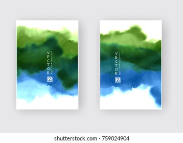 Watercolor blue green color design banners set. Vector illustration