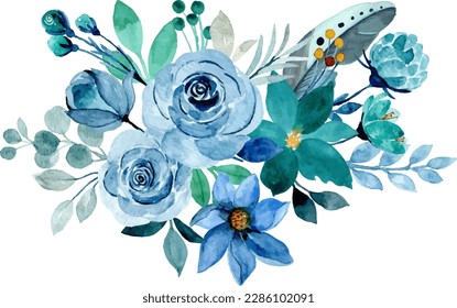 Watercolor blue green flower bouquet for background, fabric, textile, fashion, wallpaper, wedding, banner, sticker, decoration etc.