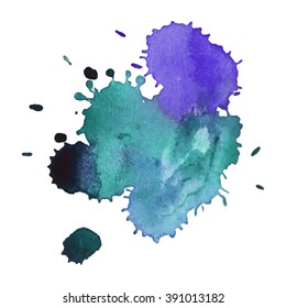 Watercolor blue green  stain with expressive splash. Vector illustration