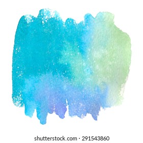 Watercolor blue green violet hand drawn paper grain texture isolated stain on white background. Wet brush painted smudges and strokes abstract vector illustration. Design element for print, web, card