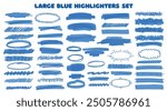 Watercolor blue hand drawn highlight set. Vector highlighter graphic stylish element. Marker blue set, brush pen hand drawn underline. Highlighter collection, brush lines, isolated.