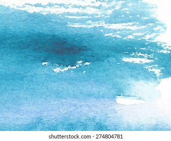 Watercolor blue hand drawn paper grain texture torn background. Wet brush painted strokes abstract vector illustration. Artistic design element, banner, print, template, cover, decoration, scrapbook