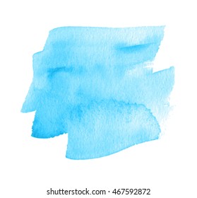 Watercolor blue hand drawn paper texture isolated stroke element on white background for text design, template. Vivid water color stylized wet brush paint striped splash vector illustration 