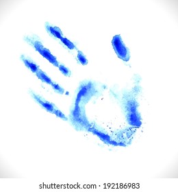 Watercolor blue hand print over white, VECTOR