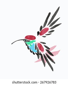 Watercolor blue hummingbird in flight. Vector illustration