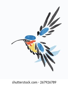 Watercolor blue hummingbird in flight. Vector illustration