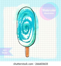 Watercolor blue ice cream illustration isolated on white background. Hand drawn vector illustration.