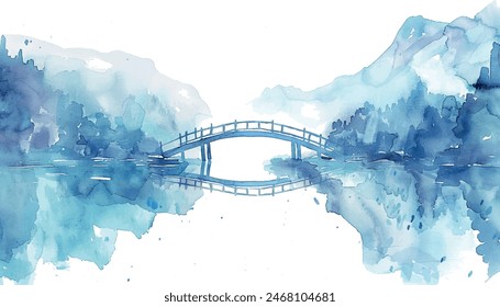 acuarela azul ilustración puente en las montañas	
