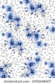 Watercolor Blue indigo flowers with spot painted pattern