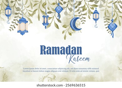 Watercolor Blue Islamic Lantern on Ramadan Kareem Greeting Card Background