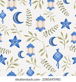 Watercolor Blue Lantern Leaves Seamless Pattern