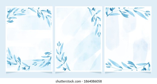 watercolor blue leaves on splash background wedding or birthday invitation card template collection