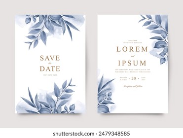 Watercolor blue leaves wedding invitation template