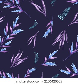 Watercolor blue and light violet leaves seamless pattern