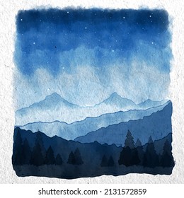 Watercolor blue mountains on paper