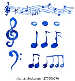 Watercolor blue  musical notes set.Treble clef and G clef, and different notes on the white background.Hand drawn set.