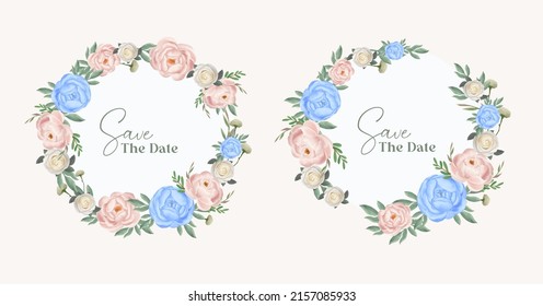 Watercolor Blue And Peach Floral Frame Template. Round Circle Flower Wreath Frame Wedding Invitation