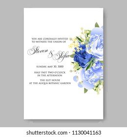 Watercolor blue Peony wedding invitation vector template bridal shower card baby party invite printable floral background wreath pattern