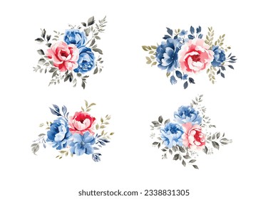Watercolor blue and pink flowers set, vintage vector flowers collection.