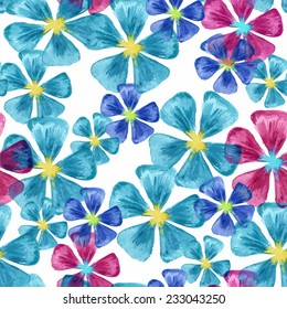 Watercolor blue and pink flowers in vector on the white background. Seamless pattern