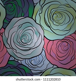 Watercolor blue, pink and green roses seamless pattern. Hand painted sketch with abstract rose flowers in blue, pink and green colors. Floral card design.