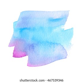 Watercolor blue pink violet hand drawn paper texture isolated stroke element on white background for text design, template. Vivid water color stylized wet brush paint splash vector illustration 