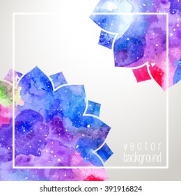 Watercolor blue purple abstract flowers and white frame and place for text. Fairytale festive background in vector