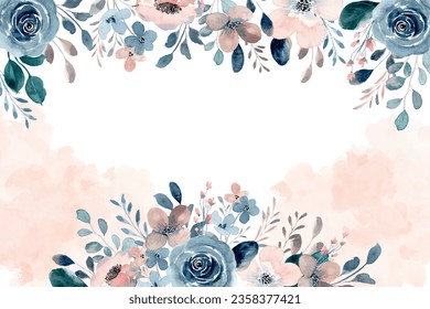Watercolor blue rose flower border for wedding, birthday, card, background, invitation, wallpaper, sticker, decoration etc.