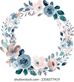 Watercolor blue rose flower wreath for wedding, birthday, card, background, invitation, wallpaper, sticker, decoration etc.