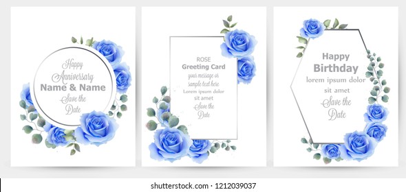 Watercolor blue rose flowers cards set collection Vector. Vintage greeting card, wedding invitation, thank you note. Summer floral decor. flower wreath frames bouquets