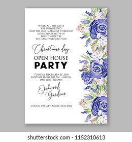 Watercolor blue rose wedding invitation template vector floral background for bridal shower baby shower anniversary birthday card